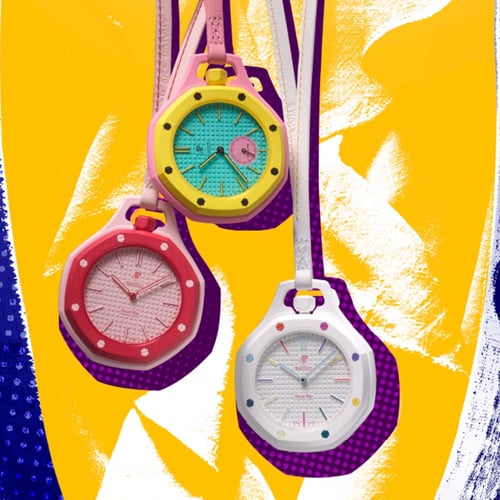 Audemars Piguet x Swatch Royal Pop pocket watch in vibrant colours, showcasing Royal Oak design elements.