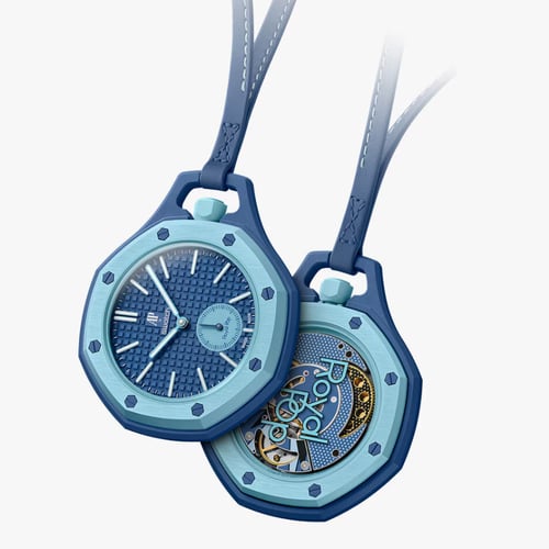 Audemars Piguet x Swatch Royal Pop Savonette pocket watch, crown at 3 o'clock with small seconds.