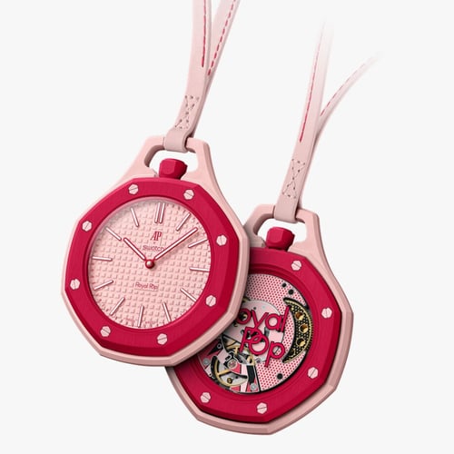Audemars Piguet x Swatch Royal Pop Lépine pocket watch, crown at 12 o'clock.
