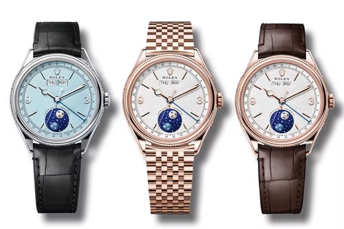 Three configurations of the Rolex Perpetual Padellone: Everose gold with Settimo bracelet, Everose gold with leather strap, and platinum with ice-blue dial