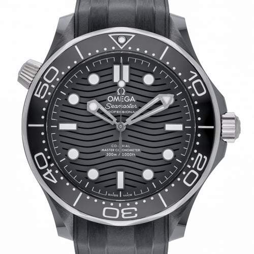 Detailed view of an Omega Seamaster Professional Diver 300M, highlighting its wave dial and helium escape valve.