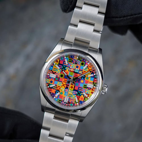 Close-up of Rolex Oyster Perpetual 36 Celebration Dial multicolour design