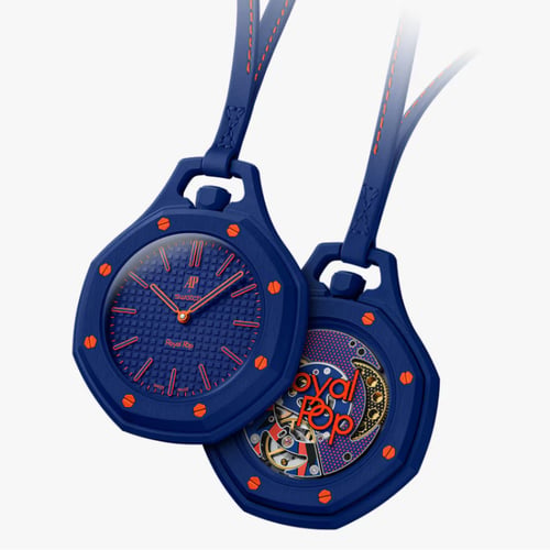 A vibrant Audemars Piguet x Swatch Royal Pop collection displayed with other iconic watches.