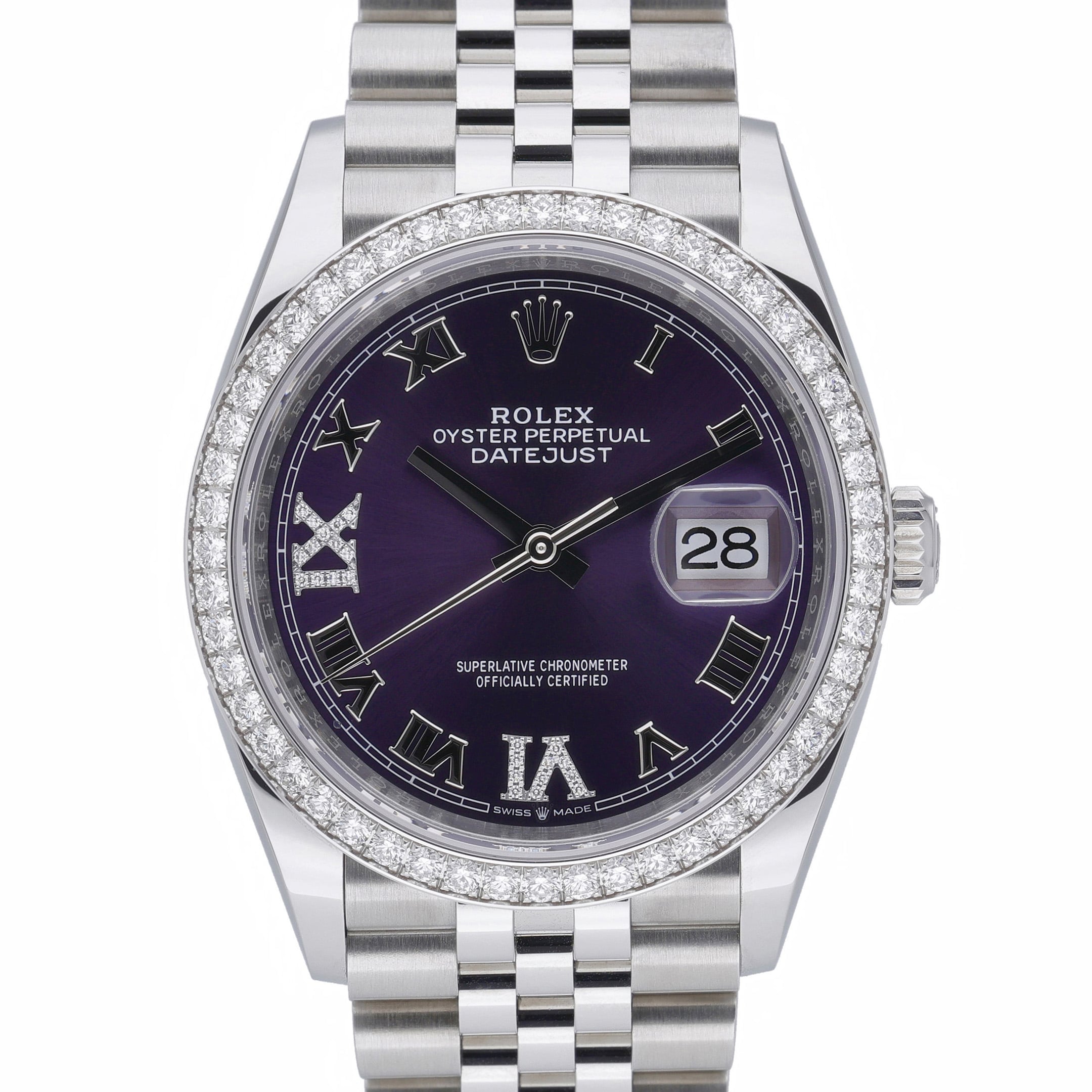 Rolex Datejust 36 126284RBR Aubergine set with diamonds Dial at Sonning Vintage Watches